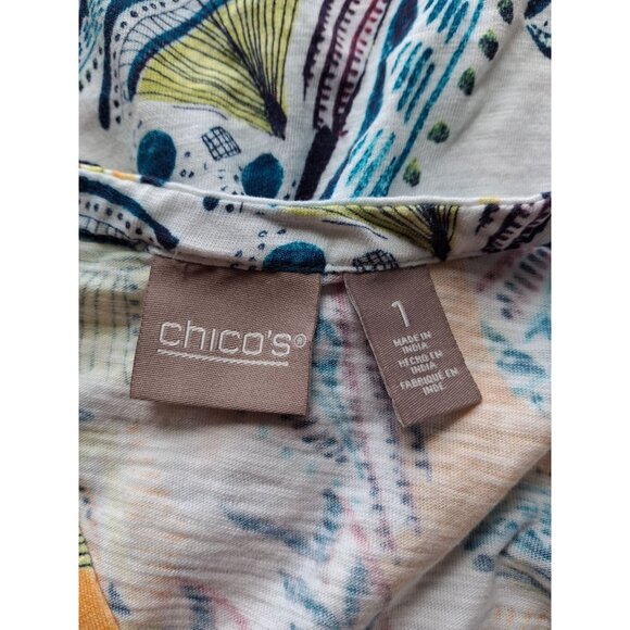 Chico's Short Sleeve V Neck Top Womens Medium Size 1 Abstract Print Orange White - Picture 3 of 7